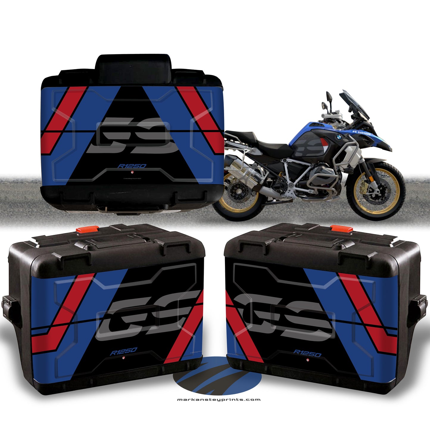 BMW R1250 GS (2023) Vario Pannier Decals - Rallye Red, Blue and Black