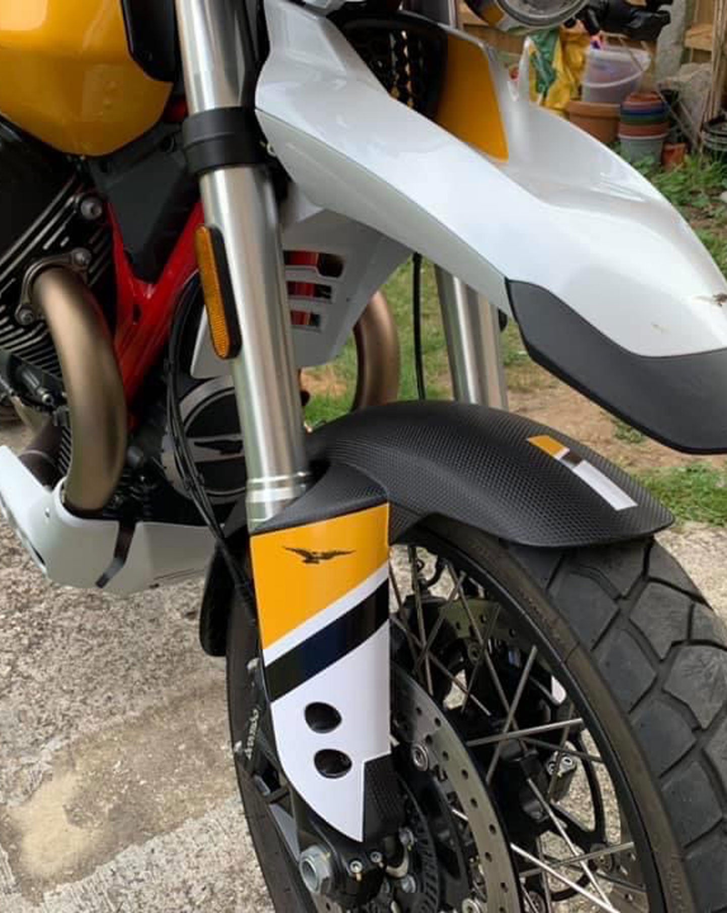 These decals are designed to compliment the Aprilia Caponord Rally front mudguard, often bought as an aftermarket accessory to protect the engine area of the V85TT.