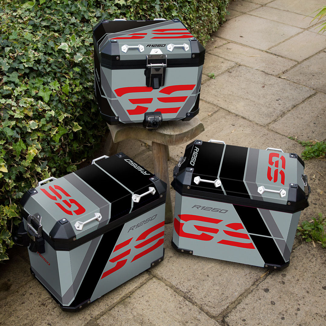 Ice grey, black and red GS luggage decals for BMW R1250 GSA. Designs can be modified to suit R1200 GSA if desired.